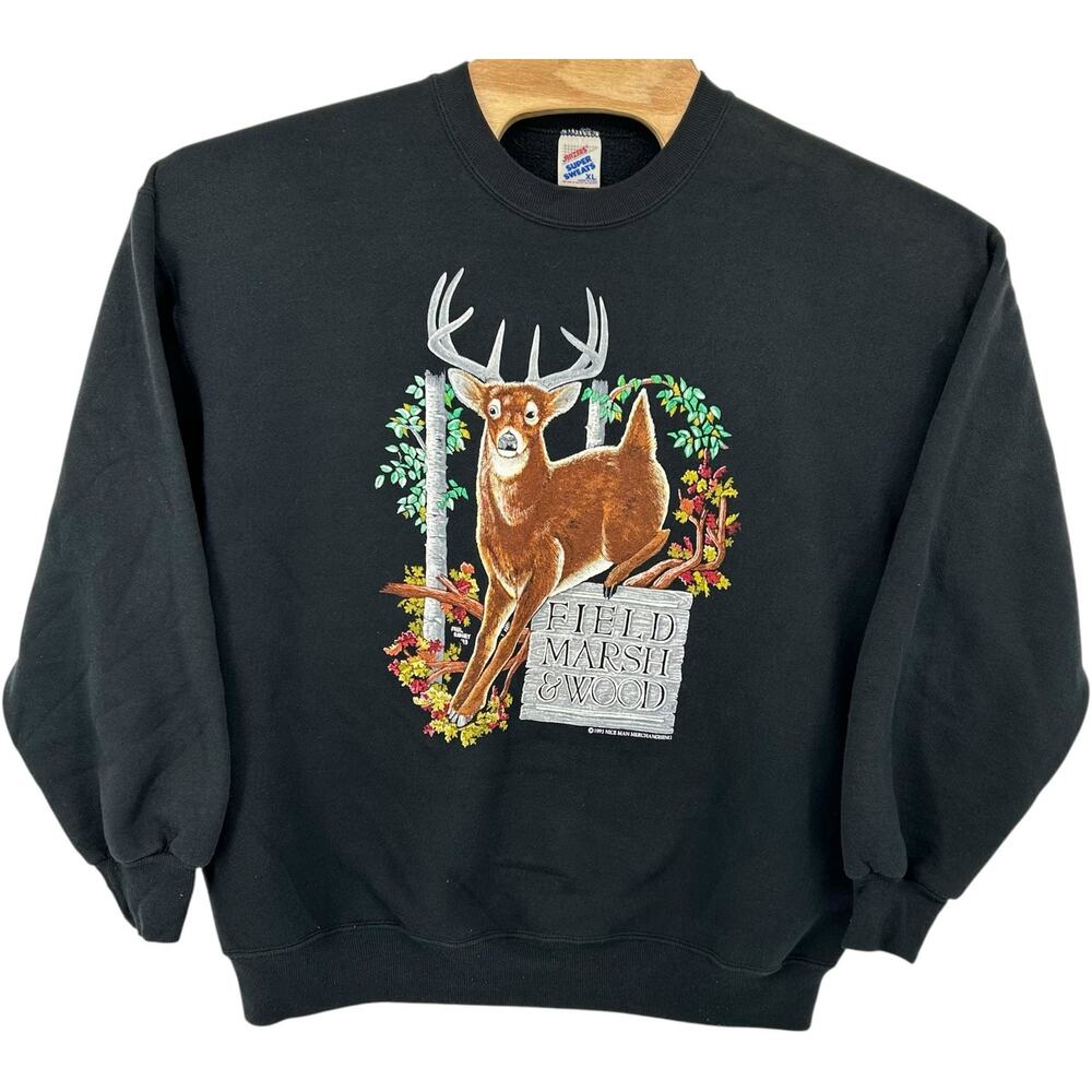 VTG 90s Men's Jerzees Field Marsh & Wood Deer Buck Fall Crewneck Sweatshirt Sz L
